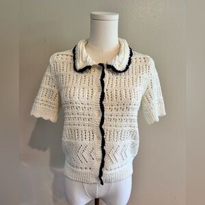MAUVE Cream Short-Sleeve Knit Cardigan with Navy Trim 70% Cotton